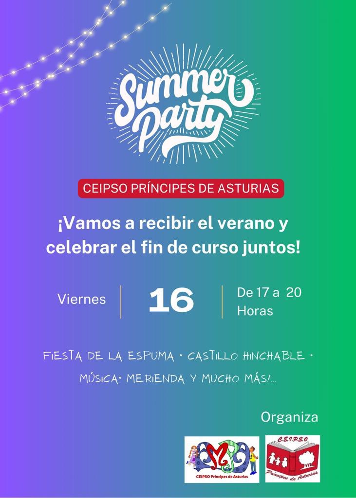 ¡Vamos a recibir el verano y celebrar el fin de curso juntos! Fiesta de la espuma · Castillo Hinchable · Música · Merienda y mucho más ... Viernes 16 de Junio de 2023, de 17:00 a 20:00H.